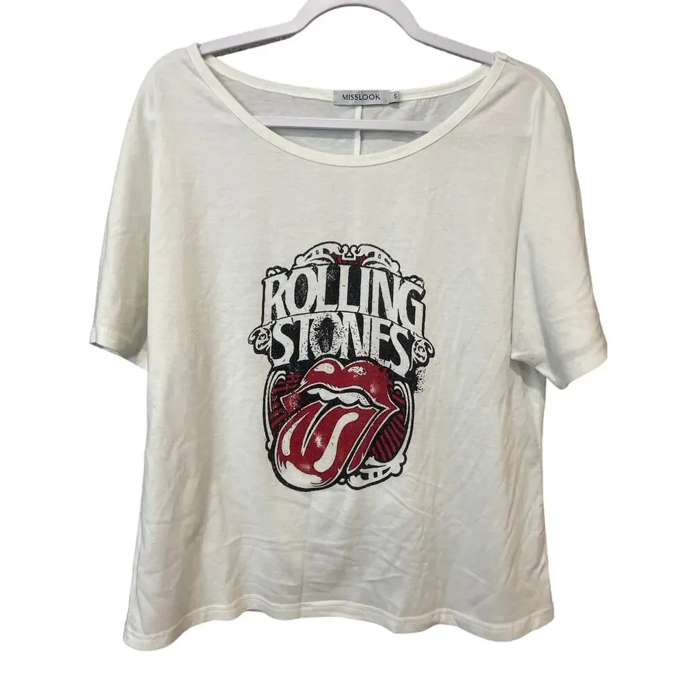 Misslook Size Small White Short Sleeves Rolling Stones Lightweight Tongue Logo - Picture 1 of 9